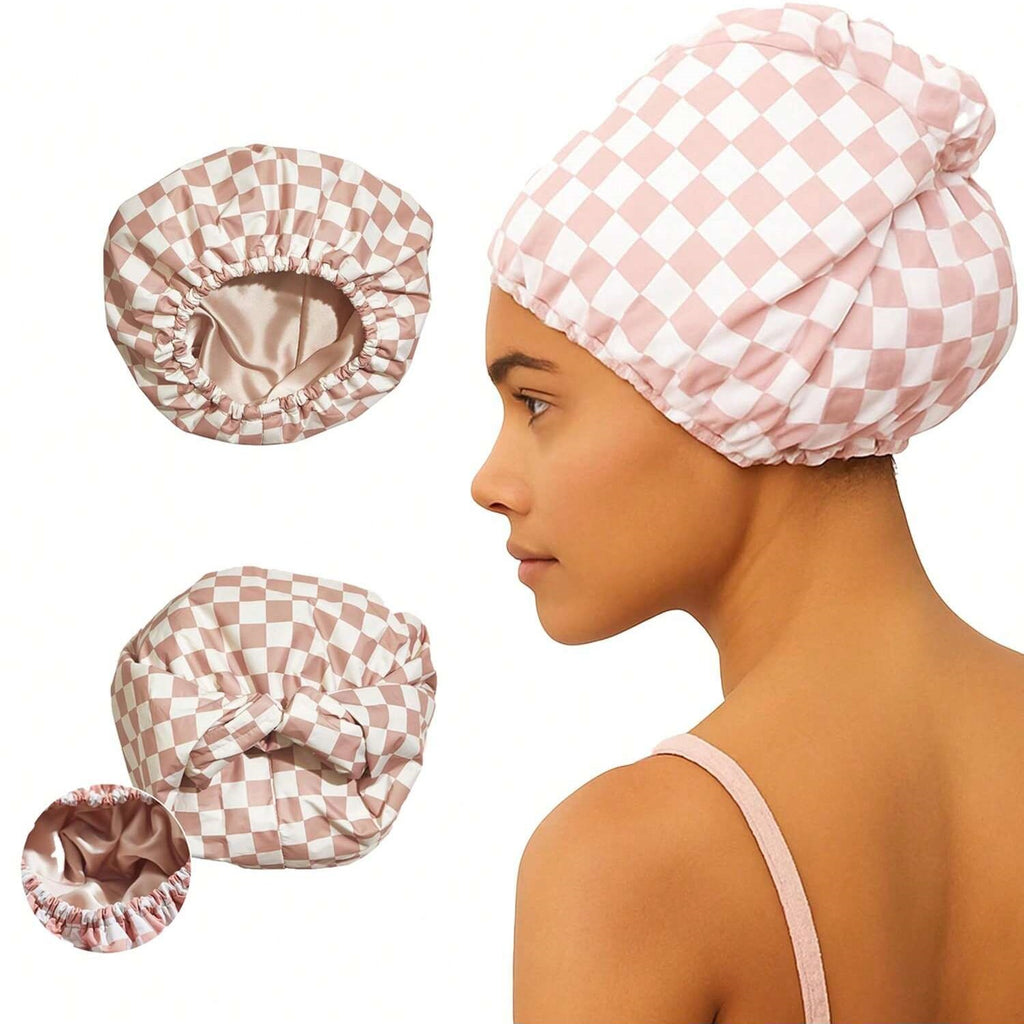 [ Free shopping ] Luxury Shower Caps for Women Reusable Waterproof - Flexi Satin Lined, Large Wide Shower Cap for Women & Men, Adjustable, Stylish Hair Cap for Shower, For Long & Short Hair - Terracotta Checker