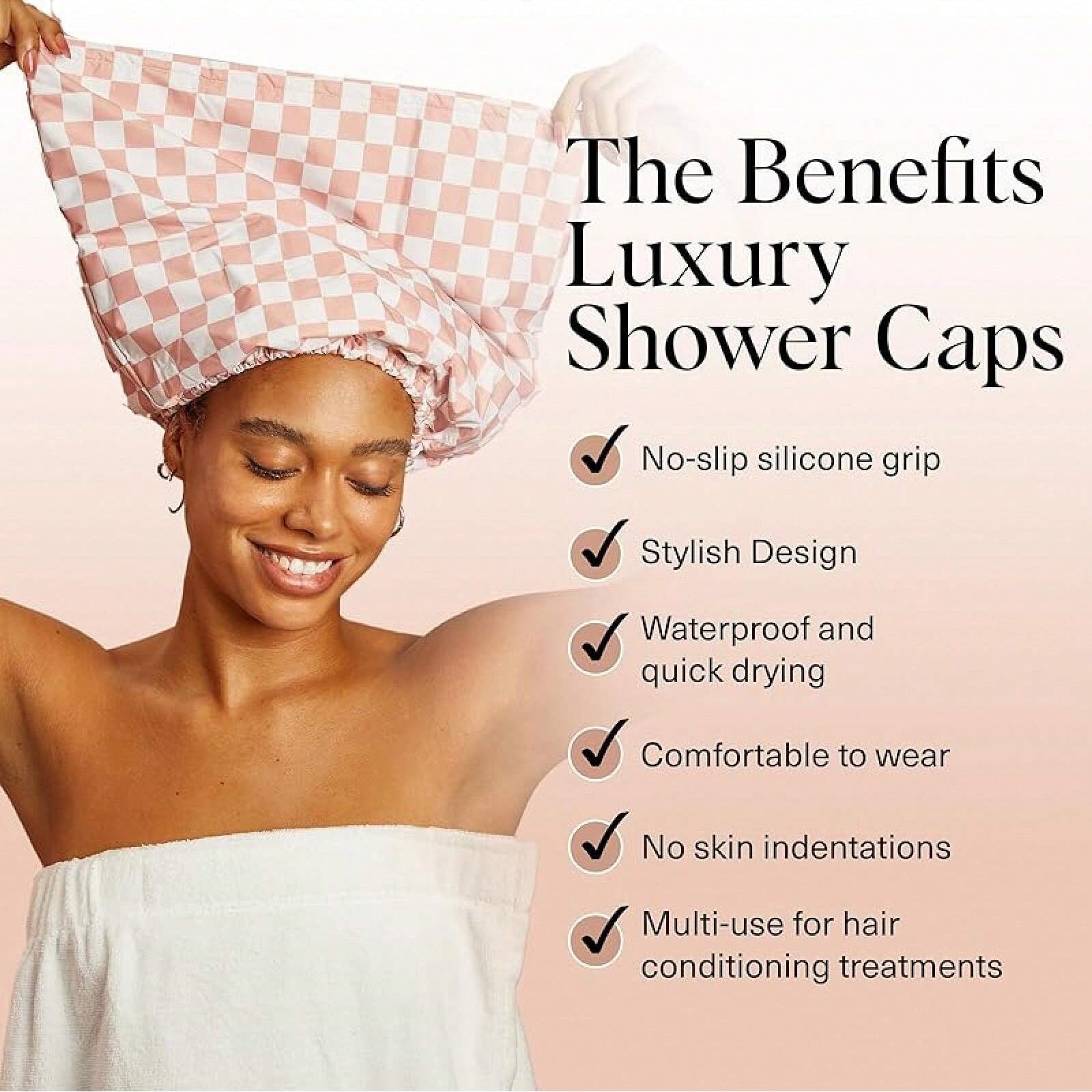 [ Free shopping ] Luxury Shower Caps for Women Reusable Waterproof - Flexi Satin Lined, Large Wide Shower Cap for Women & Men, Adjustable, Stylish Hair Cap for Shower, For Long & Short Hair - Terracotta Checker