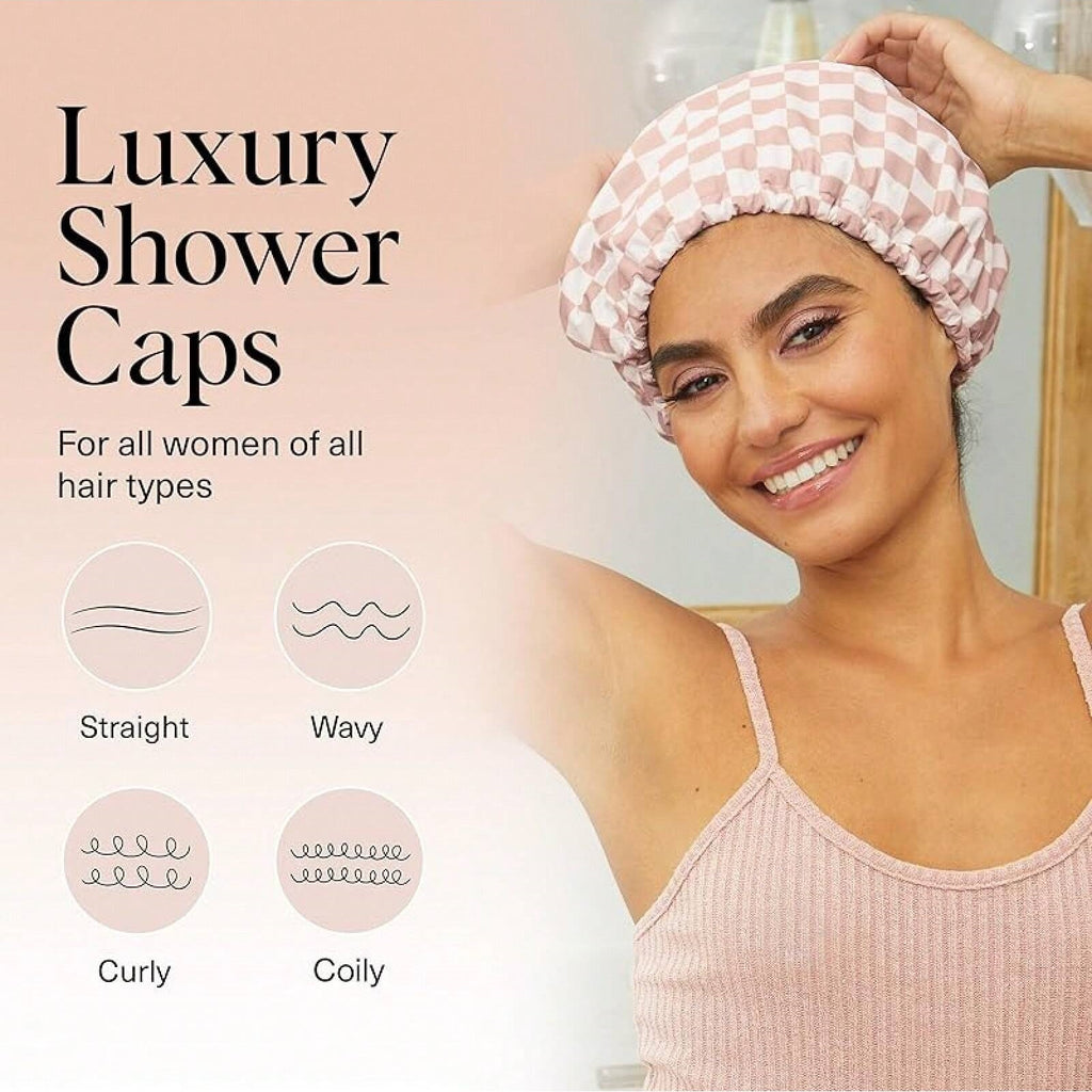 [ Free shopping ] Luxury Shower Caps for Women Reusable Waterproof - Flexi Satin Lined, Large Wide Shower Cap for Women & Men, Adjustable, Stylish Hair Cap for Shower, For Long & Short Hair - Terracotta Checker