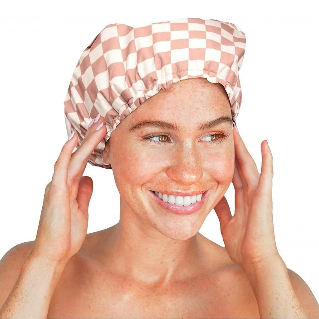 [ Free shopping ] Luxury Shower Caps for Women Reusable Waterproof - Flexi Satin Lined, Large Wide Shower Cap for Women & Men, Adjustable, Stylish Hair Cap for Shower, For Long & Short Hair - Terracotta Checker