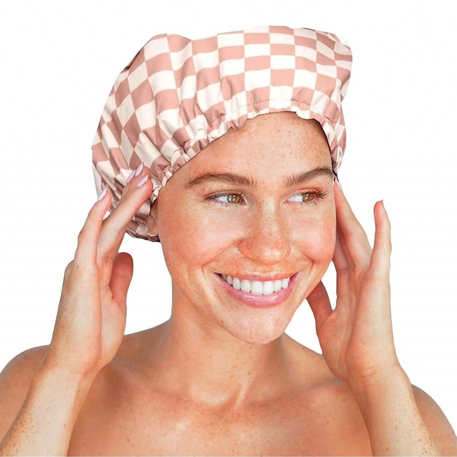 [ Free shopping ] Luxury Shower Caps for Women Reusable Waterproof - Flexi Satin Lined, Large Wide Shower Cap for Women & Men, Adjustable, Stylish Hair Cap for Shower, For Long & Short Hair - Terracotta Checker