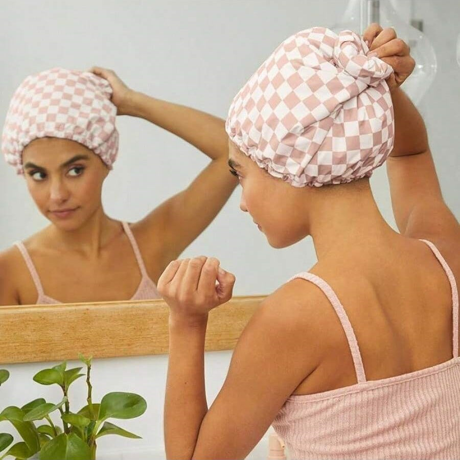 [ Free shopping ] Luxury Shower Caps for Women Reusable Waterproof - Flexi Satin Lined, Large Wide Shower Cap for Women & Men, Adjustable, Stylish Hair Cap for Shower, For Long & Short Hair - Terracotta Checker